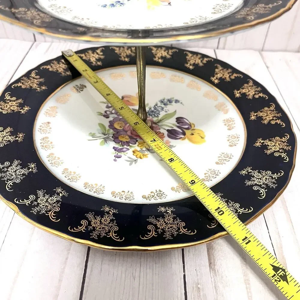 Vintage A-I Czech Republic Design 2 Tier Porcelain Serving Stand Cobalt Floral